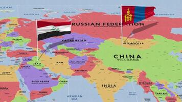 Iraq and Mongolia Flag Waving with The World Map, Seamless Loop in Wind, 3D Rendering video