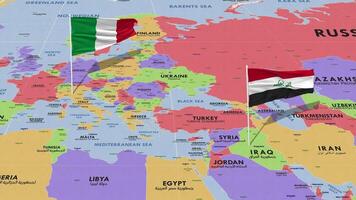 Irak y Italia bandera ondulación con el mundo mapa, sin costura lazo en viento, 3d representación video