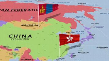 Hong Kong and Mongolia Flag Waving with The World Map, Seamless Loop in Wind, 3D Rendering video