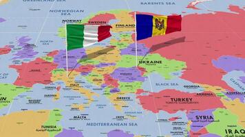 Moldova and Italy Flag Waving with The World Map, Seamless Loop in Wind, 3D Rendering video