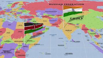 Kenya and India Flag Waving with The World Map, Seamless Loop in Wind, 3D Rendering video