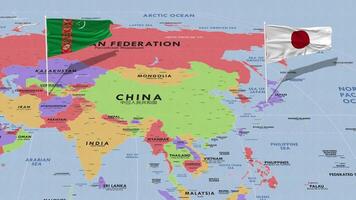 Turkmenistán y Japón bandera ondulación con el mundo mapa, sin costura lazo en viento, 3d representación video