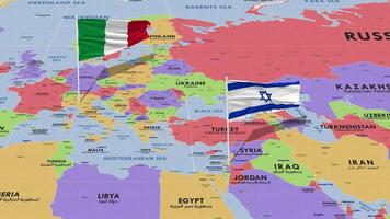 Israele e Italia bandiera agitando con il mondo carta geografica, senza soluzione di continuità ciclo continuo nel vento, 3d interpretazione video