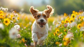 AI generated Delighted Dog Frolicking in a Flower Meadow, Ears Joyfully Bouncing in the Sunlight photo