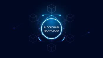 Blue circles and neon lights. Connected squares. blockchain technology cryptocurrency and fintech square cube crypto operations Connect block, data transmission, new technology system. vector