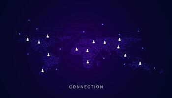 Map with people icons and connection city concept modern smart city on world map modern communication business connection internet network on purple background modern futuristic vector