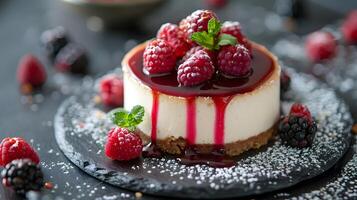 AI generated Gourmet Cheesecake with Berry Coulis and Fresh Berries Refined Dessert Presentation on Slate photo