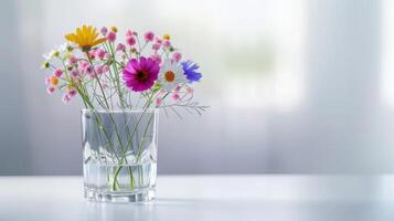 ai generado hermosa ramo de flores de flores silvestres en vaso florero. primavera antecedentes. foto