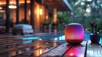 AI generated Colorful Speaker on Wooden Table photo
