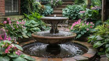 ai generado agua fuente en medio de flores y verdor foto