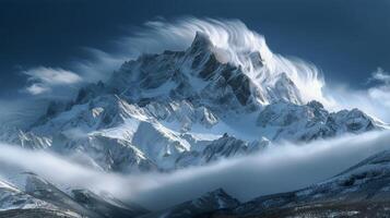 ai generado imponente montaña envuelto en nubes foto