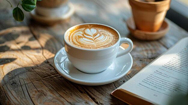 AI generated Coffee Cup on Open Book photo