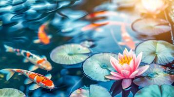 AI Generated Serene koi pond with blooming water lily photo