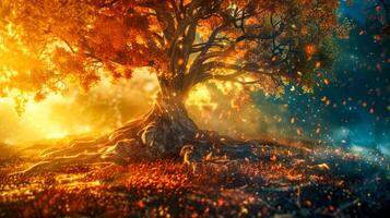 AI Generated Majestic tree with vibrant autumn leaves and mystical floating lights photo