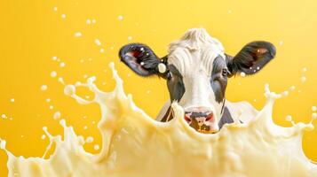 AI Generated Splash of freshness. cow with milk splash on yellow background photo