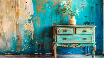AI Generated Vintage dresser with vase against distressed wall photo