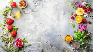 AI Generated Fresh summer ingredients on concrete background photo