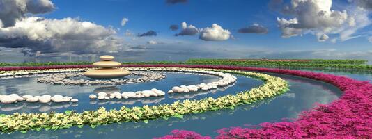 Serenity on the Water. Beige Zen Stones and Colorful Floral Reflections photo