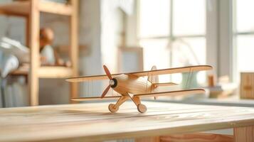 ai generado de madera juguete avión en banco de trabajo en iluminado por el sol habitación foto