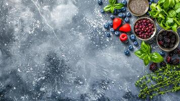 AI Generated Fresh berries and herbs on slate background photo