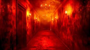 AI Generated Haunting red corridor with eerie lighting photo