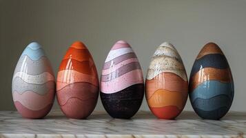 AI generated Row of Painted Eggs on Wooden Table photo