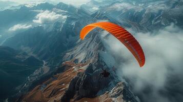 AI generated Orange Paraglider Soaring Over Mountain Range photo