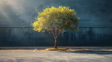 ai generado árbol en medio de estacionamiento lote foto