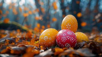 AI generated Three Painted Eggs on Pile of Leaves photo