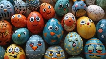 AI generated Pile of Painted Eggs With Faces photo