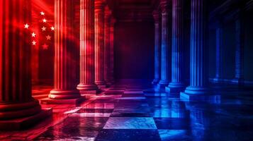 AI Generated Patriotic hallway with american flag colors and pillars photo