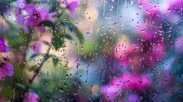 ai generado gotas de lluvia en vaso con borroso floral antecedentes foto