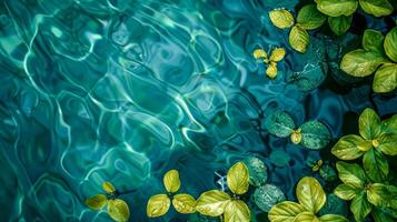 AI Generated Tranquil water surface with floating green leaves photo