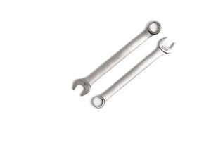Two Boxed and Open End Wrenches Lay Parallel and Inverse on White Background photo