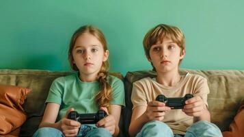 AI Generated Young gamers playing video games on couch photo