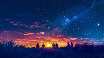 AI Generated Stargazers enjoying a meteor shower at dusk photo