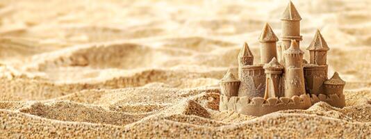 ai generado majestuoso arena castillo en un soleado playa foto