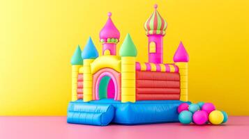 AI Generated Colorful inflatable bouncy castle on yellow background photo