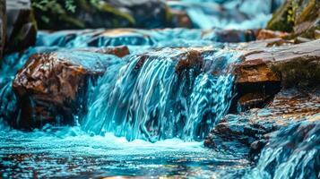 AI Generated Close-up of a small cascading waterfall in a serene forest setting photo