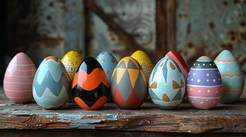 ai generado fila de pintado huevos en de madera mesa foto