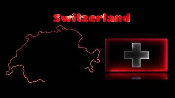 Looping neon glow effect icons, national flag of Switzerland and map, black background video