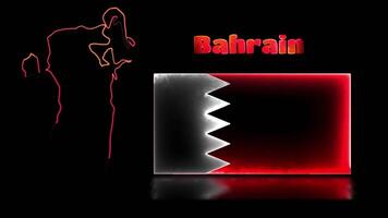 Looping neon glow effect icons, national flag of Bahrain and map, black background video