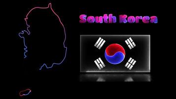 Looping neon glow effect icons, national flag of South Korea and map, black background video