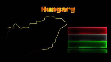 Looping neon glow effect icons, national flag of Hungary and map, black background video