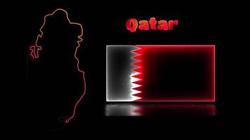 Looping neon glow effect icons, national flag of Qatar and map, black background video