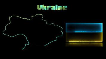 Looping neon glow effect icons, national flag of Ukraine and map, black background video