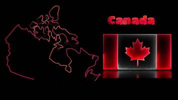 Looping neon glow effect icons, national flag of Canada and map, black background video