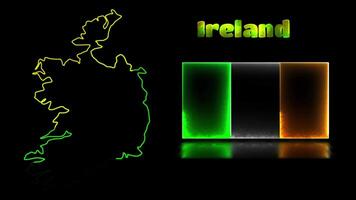 Looping neon glow effect icons, national flag of Ireland and map, black background video