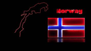 Looping neon glow effect icons, national flag of Norway and map, black background video