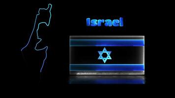 Looping neon glow effect icons, national flag of Israel and map, black background video